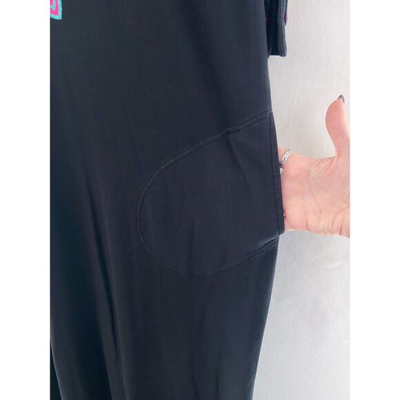 Patio Casuals Boho Patio Dress Small Black Embroidered Stretch Jersey Dress Midi - Picture 6 of 6